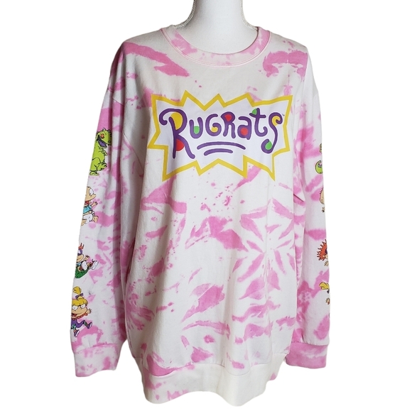 Nickelodeon Rugrats Tie Dye Sweatshirt Sz M Pink White Fleece Crewneck Cartoons - Picture 1 of 13